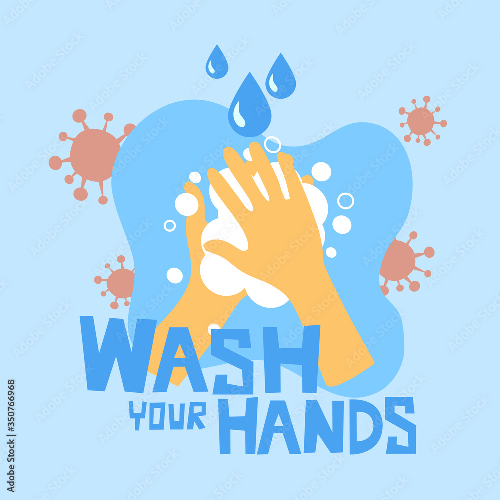 Washing hands concept vector illustration. Man or woman cleaning hands with soap and water. Cartoon wash your hand text lettering. Virus, bacteria and germs prevention healthcare in flat design. Washing hands concept vector illustration. Man or woman cleaning hands with soap and water. Cartoon wash your hand text lettering. Virus, bacteria and germs prevention healthcare in flat design.