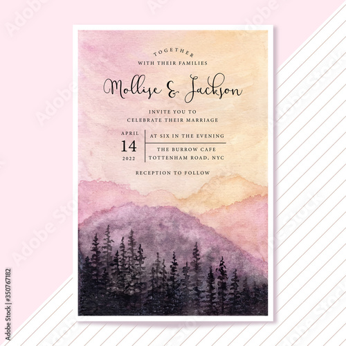 wedding invitation with sunset landscape watercolor background