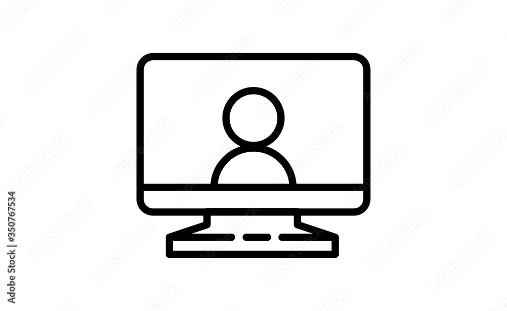Video conference icon. Teleconference with people on computer screen. Home office in quarantine. Digital talk. Internet teaching media communication.