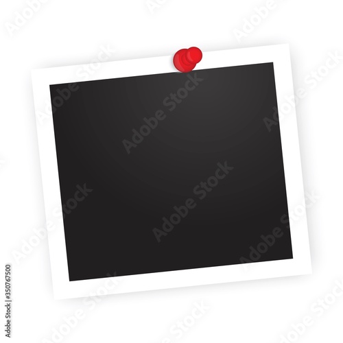Attached pin framed photo. Vector image photoframe. Stock template.