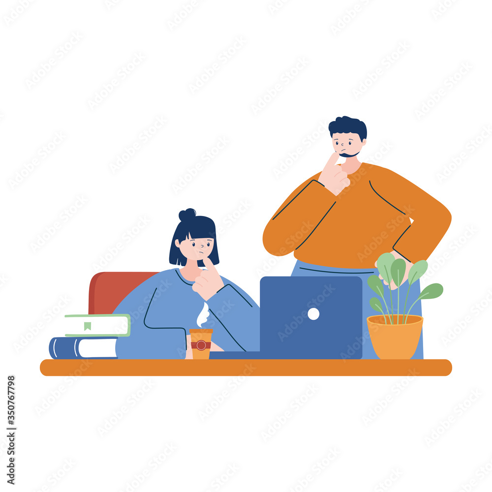 Woman and man with laptop and coffee mug on desk vector design