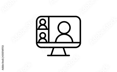 Video conference icon. Teleconference with people on computer screen. Home office in quarantine. Digital talk. Internet teaching media communication.