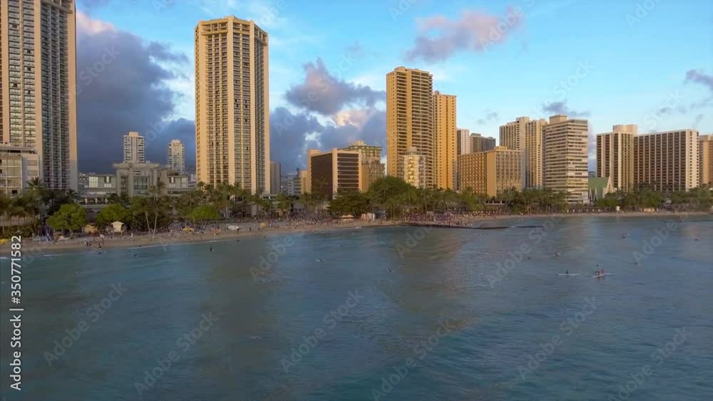 Surfers and Hotels Waikiki Beach Honolulu Oahu Hawaii Drone Video Surfers and Hotels Waikiki Beach Honolulu Oahu Hawaii Drone Video