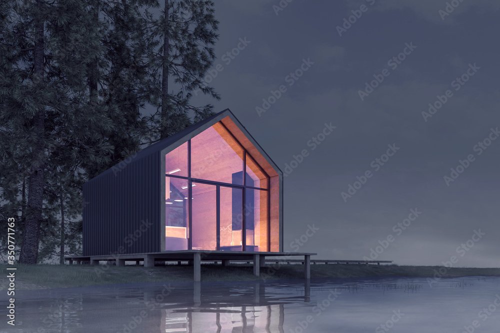 Secluded tiny house on the sandy shore of a lake with fog in a coniferous forest in the cold night light and with warm light from the Windows. Stock 3D illustration Secluded tiny house on the sandy shore of a lake with fog in a coniferous forest in the cold night light and with warm light from the Windows. Stock 3D illustration