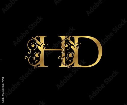 Luxury Gold H, D and HD Letter Floral logo. Vintage Swirl drawn emblem for weeding card, brand name, letter stamp, Restaurant, Boutique, Hotel.