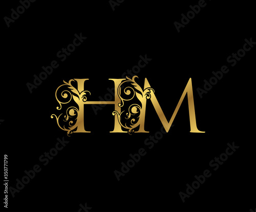 Luxury Gold H, M and HM Letter Floral logo. Vintage Swirl drawn emblem for weeding card, brand name, letter stamp, Restaurant, Boutique, Hotel.