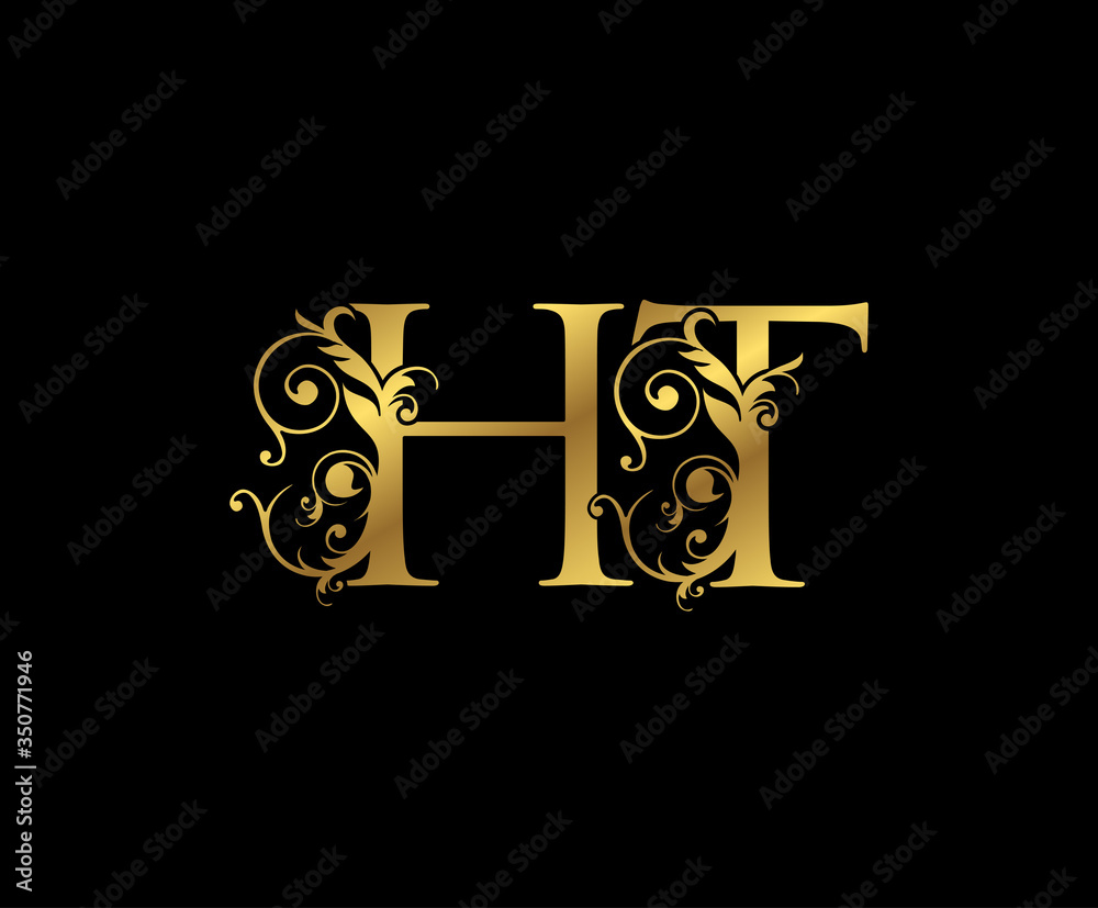 Luxury Gold H, T and HT Letter Floral logo. Vintage Swirl drawn emblem for weeding card, brand name, letter stamp, Restaurant, Boutique, Hotel. Luxury Gold H, T and HT Letter Floral logo. Vintage Swirl drawn emblem for weeding card, brand name, letter stamp, Restaurant, Boutique, Hotel.