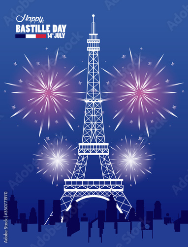 happy bastille day celebration with tower eiffel and fireworks