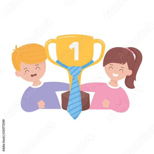 Son and daughter with trophy on fathers day vector design