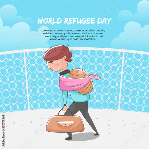 Illustration of father carrying suitcases and his son World Refugee Day.