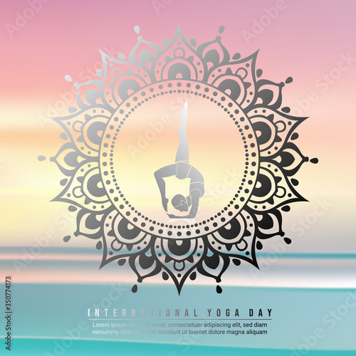Silhouette girl doing yoga pose, with mandala circle around and abstract gradient sea and sky as background. Suitable for international yoga day
