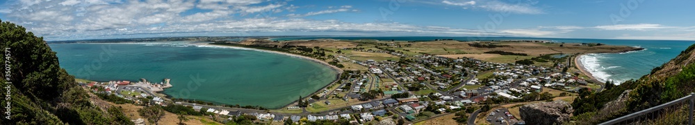 Panorama of the town of Stanley from the top of the Nut in Tasmania, Australia