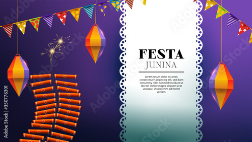 Festa junina with pyrotechnics, lantern and pennants