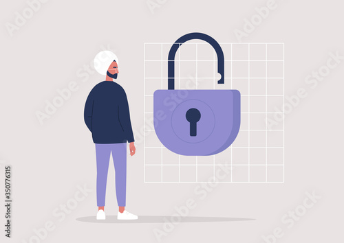 End of the quarantine, young indian male character standing next to an open lock, lifestyle illustration