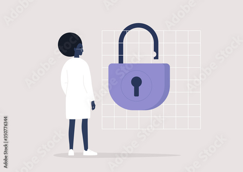 End of the quarantine, young black female character standing next to an open lock, lifestyle illustration