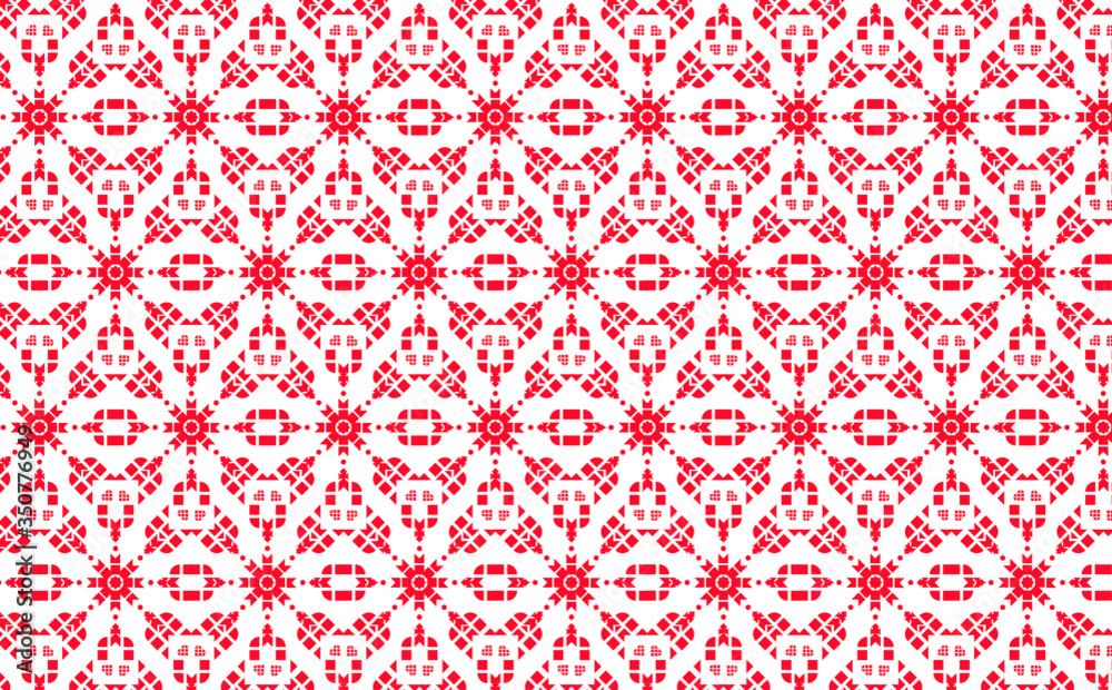 Red hearts and stars made from block shapes in a repeating pattern against a white background Red hearts and stars made from block shapes in a repeating pattern against a white background