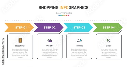 Concept of shopping process with 4 successive steps. Four colorful graphic elements. Timeline design for brochure, presentation, web site. Infographic design layout.