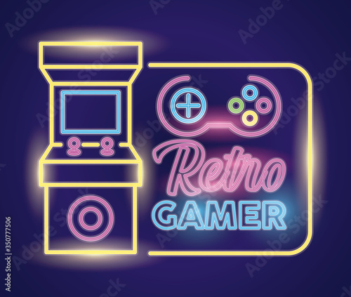 retro video game neon with machine and control
