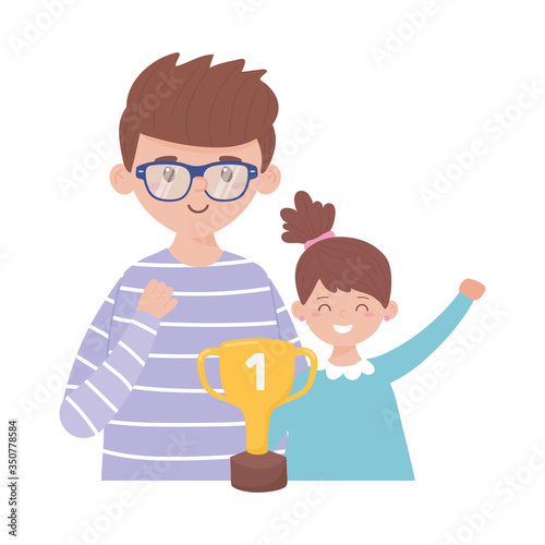 Father with daughter and trophy on fathers day vector design