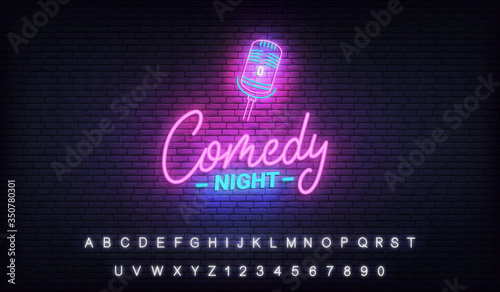 Comedy night neon template. Comedy lettering and glowing neon microphone