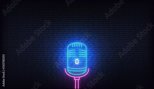 Microphone neon. Template for podcast, live music, stand up, comedy show