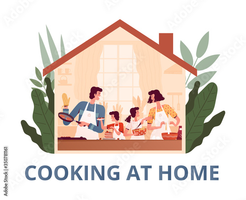 A cheerful family stays at home and cooks in the kitchen together. Parents and children cook pancakes. Homemade food concept