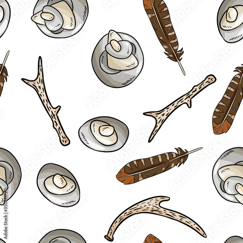 Boho elements, sea pebble, rustic sticks and feathers seamless pattern. Vector wallpaper. Cozy lagom style template texture background tile