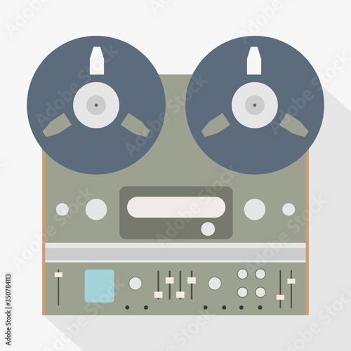 Bobbin tape record. Vintage analog stereo reel to reel tape recorder. Flat vector illustration.