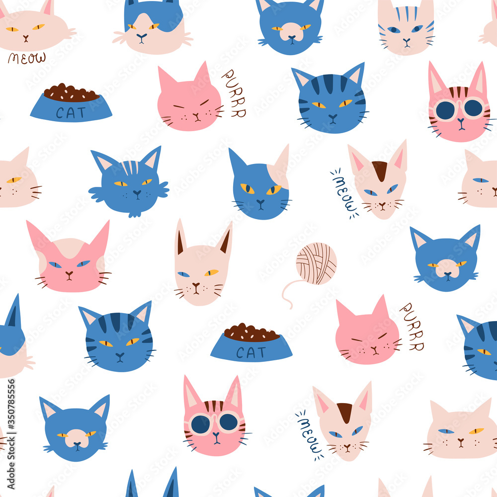 Doodle cats head cute cartoon seamless pattern background. Vector illustration isolated on white background.