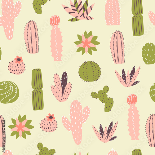 Vector seamless pattern with different cactus. Vector doodle illustration.