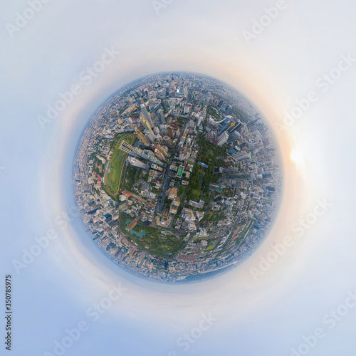 Little planet 360 degree sphere. Panorama of aerial view of The Royal Bangkok Sports Club in Ratchadamri district, Bangkok Downtown Skyline. Thailand. Skyscraper buildings in urban city. photo