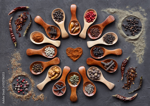 Peppers in wooden spoons on a dark concrete background. A large set of spices peppers from around the world. Black, chilli, paprika, cubeba, longum, capense, monk, xylopia photo