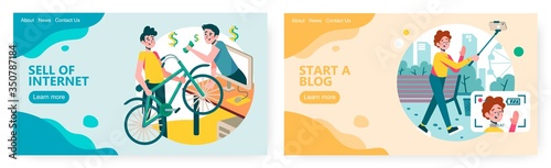 Man sell his used bike on online classified website. Travel video blog concept illustration. Vector web site design template. Landing page website illustration