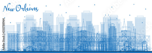 Outline New Orleans Louisiana City Skyline with Blue Buildings.