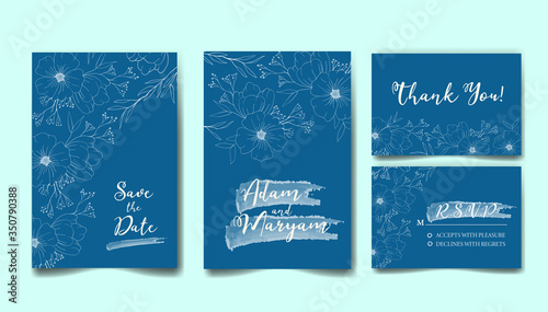 blue outline wedding invitation card set  retro rustic vintage modern abstract doodle hand drawn floral and beauty flower background template mockup ornament gold colorful vector illustrationon