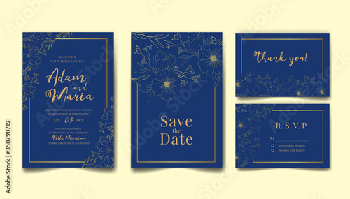 blue outline wedding invitation card set  retro rustic vintage modern abstract doodle hand drawn floral and beauty flower background template mockup ormockup ornament gold colorful vector illustration