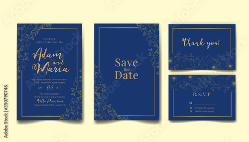 blue outline wedding invitation card set  retro rustic vintage modern abstract doodle hand drawn floral and beauty flower background template mockup ornament gold colorful vector illustration