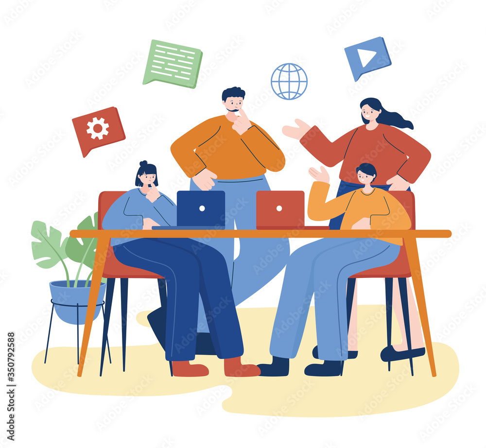 Women and men with laptop on desk vector design Women and men with laptop on desk vector design