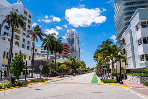 Miami Beach, Florida, USA - May 2, 2020: Miami Beach street. USA day time urban concept. Beautiful city. America mood. US sity life style. Empty streets due to coronavirus. © Tverdokhlib