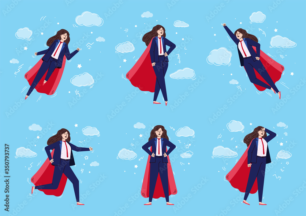 Businesswoman with super hero power flying in the sky Businesswoman with super hero power flying in the sky