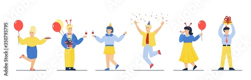 Friend group at birthday party - isolated set of happy cartoon people