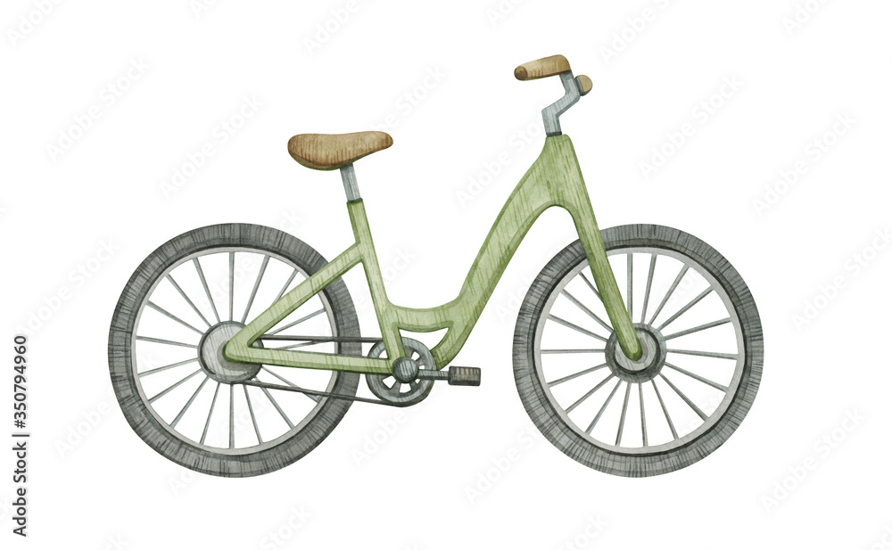 Watercolor bicycle. Hand drawn illustration isolated on white background. Eco transport for city, nature