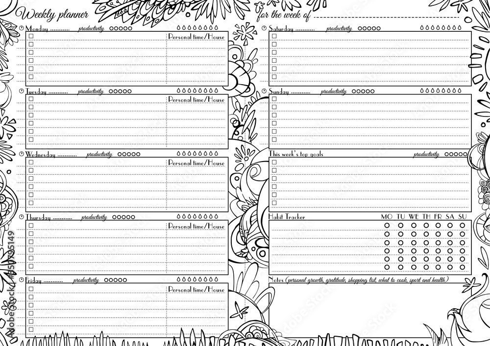 ภาพประกอบสต็อก Weekly glider, planner, black and white, doodle coloring