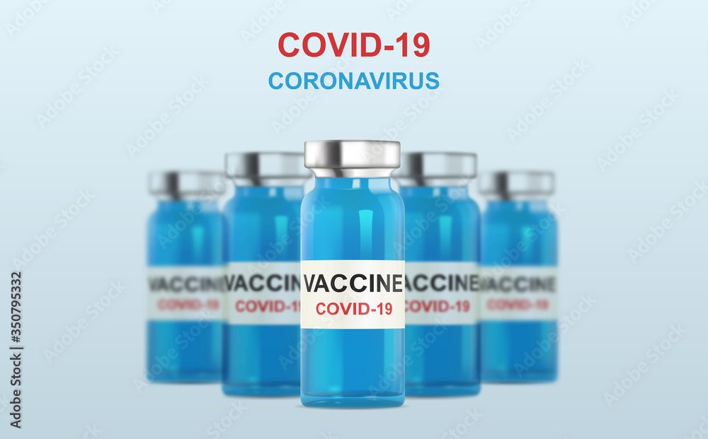 Realistic Ampoules with Antiviral Vaccine on a blue background. Coronavirus infection, Covid-19, nCov 2019. Fight against the virus. Victory of mankind. Easy to edit. Isolated Vector Illustration