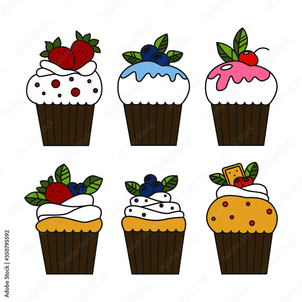 Set of vector cupcakes isolated on white background. Cartoon colored cupcakes. Food design elements for the menu, bakery logo, web, postcards. Set of vector cupcakes isolated on white background. Cartoon colored cupcakes. Food design elements for the menu, bakery logo, web, postcards.