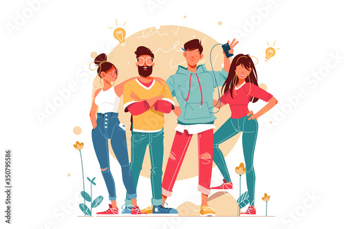 Team with young men and women with glasses and smartphone.