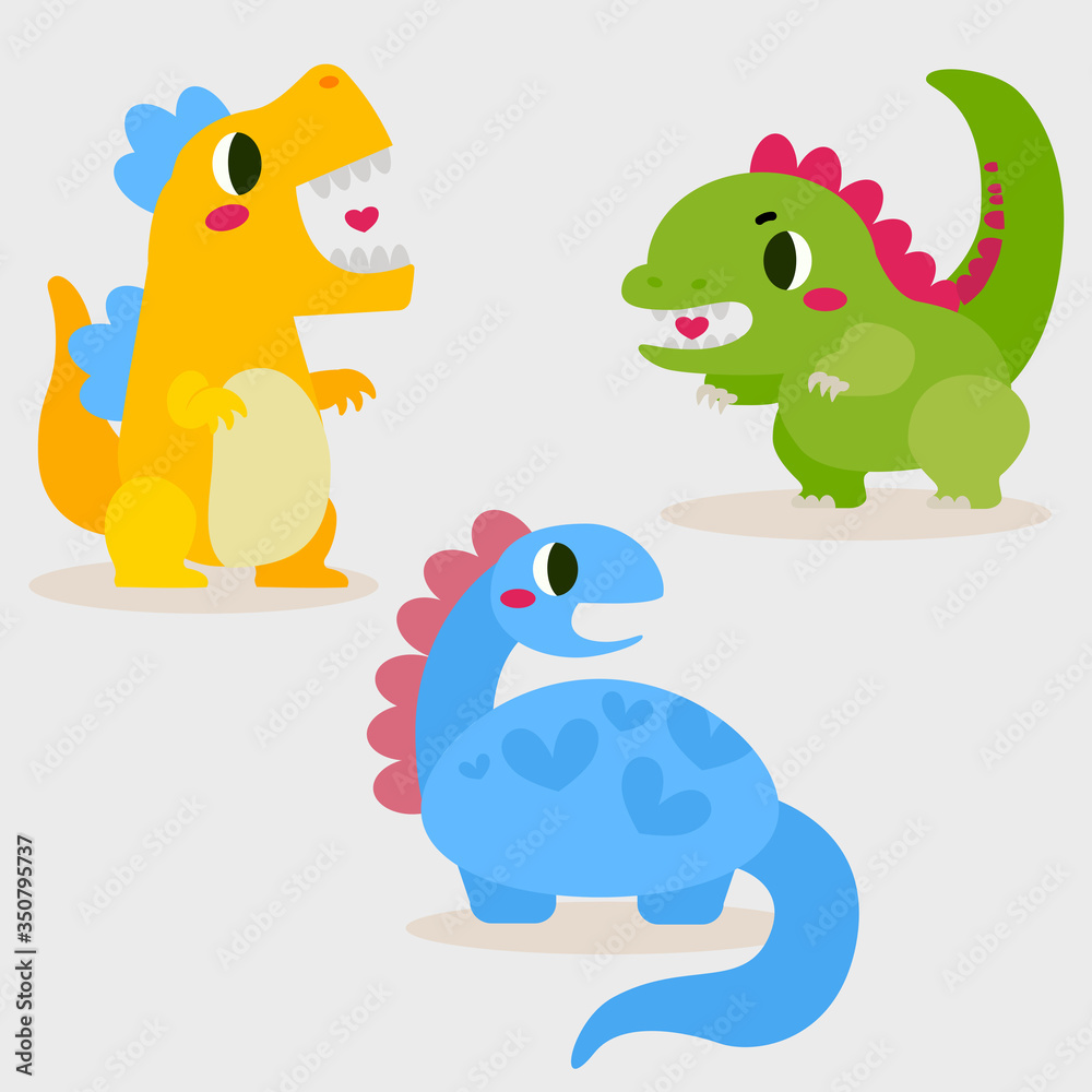 Cute colorful cheerful baby dinosaur monster greeting illustration vector set collection