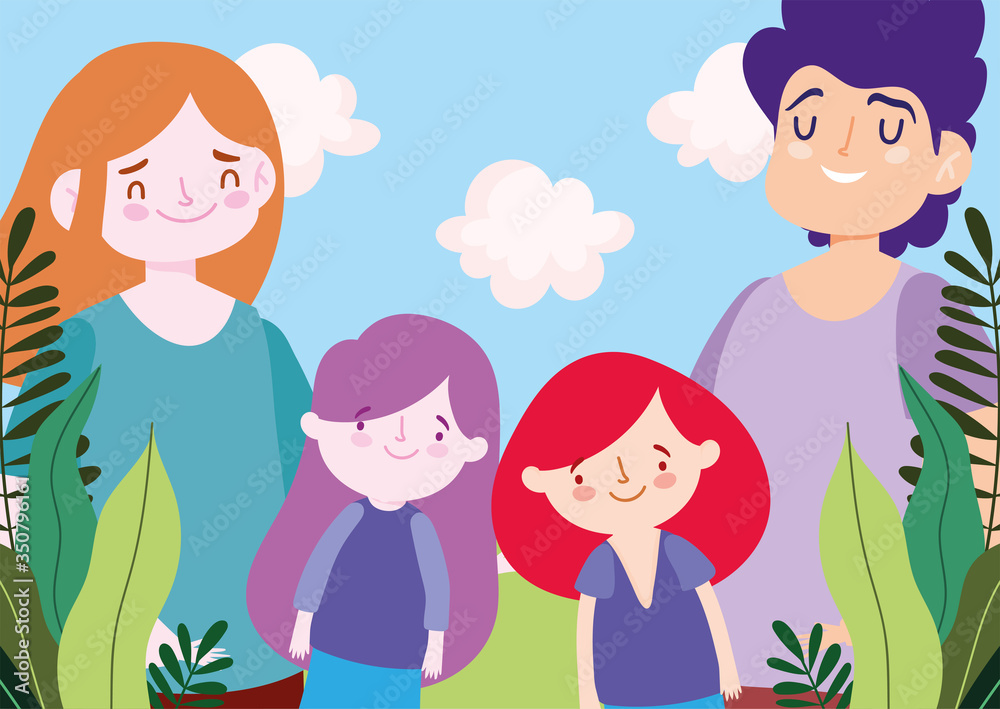 Mother father and daughters with leaves vector design Mother father and daughters with leaves vector design