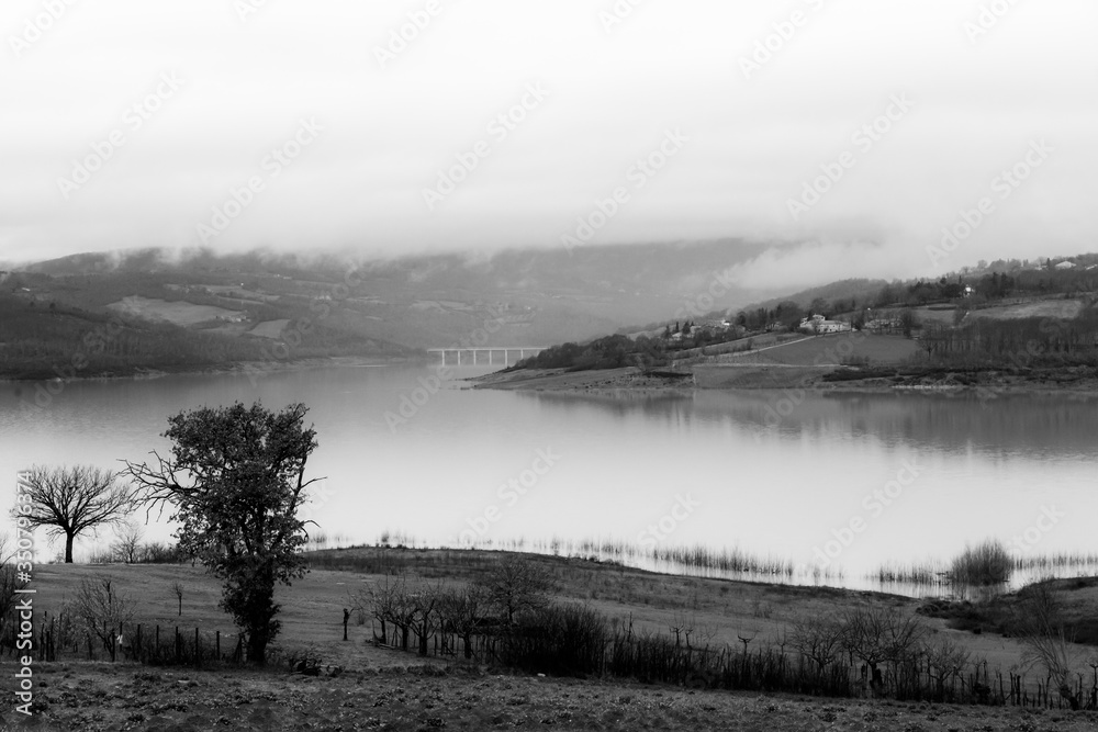 Fototapeta premium Beautiful peaceful autumn fall landscape cultivated fields and lake with mist fog