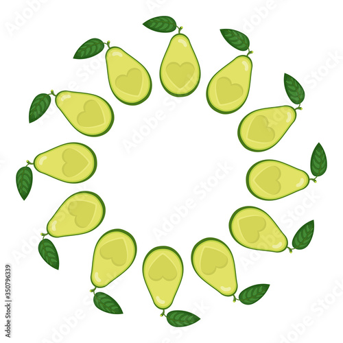 Wreath from half avocado heart with space for text. Cartoon organic sweet food. Summer fruits for healthy lifestyle. Vector illustration for any design.